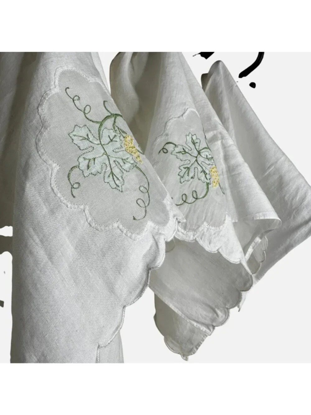 VTG Madeira Linen Guest Towels Sheer Panel Grape Embroidery Scalloped Handmade